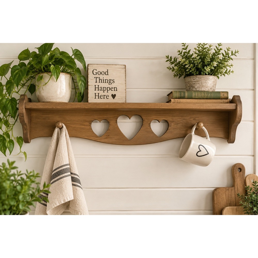 Vintage Wood Wall Shelf Heart Cutout Peg Hooks Primitive Country Farmhouse Decor